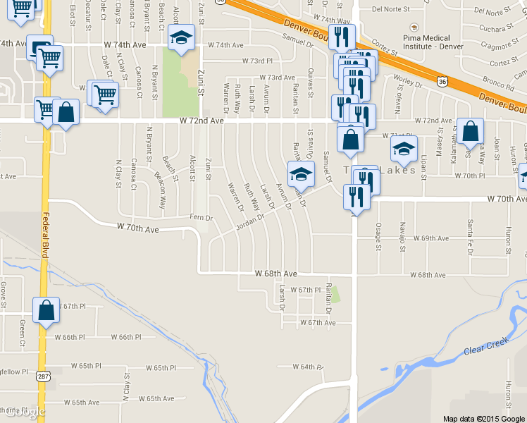 map of restaurants, bars, coffee shops, grocery stores, and more near 6940 Ruth Way in Denver