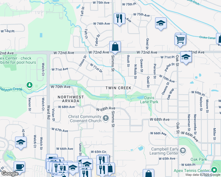 map of restaurants, bars, coffee shops, grocery stores, and more near 11681 West 70th Place in Arvada