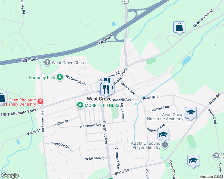 map of restaurants, bars, coffee shops, grocery stores, and more near in West Grove