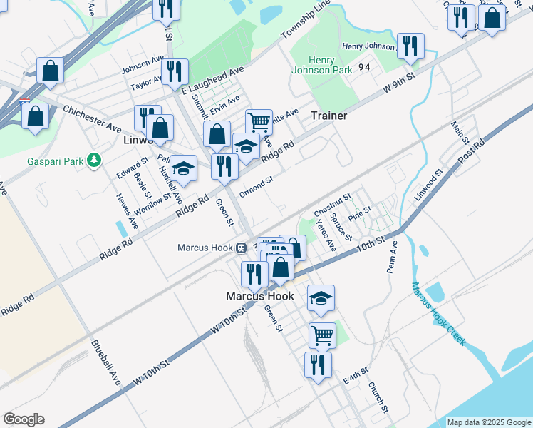 map of restaurants, bars, coffee shops, grocery stores, and more near 28 Morton Ave in Linwood