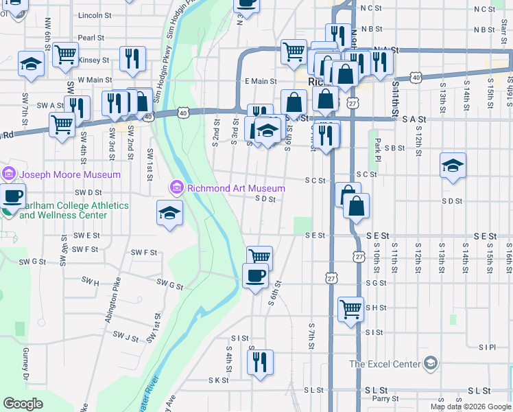 map of restaurants, bars, coffee shops, grocery stores, and more near 401 1/2 South 4th Street in Richmond
