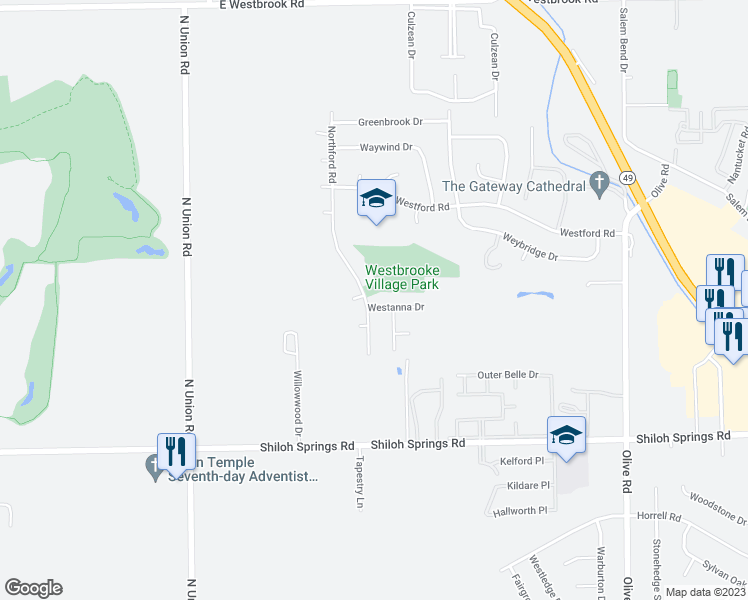 map of restaurants, bars, coffee shops, grocery stores, and more near 6499 Westanna Drive in Dayton