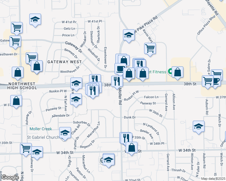 map of restaurants, bars, coffee shops, grocery stores, and more near 5515 West 38th Street in Indianapolis