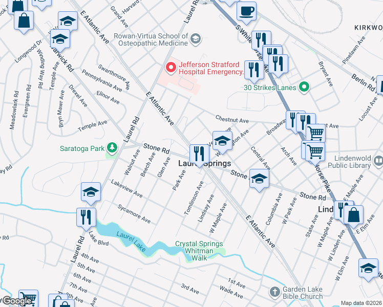 map of restaurants, bars, coffee shops, grocery stores, and more near 806 East Atlantic Avenue in Laurel Springs