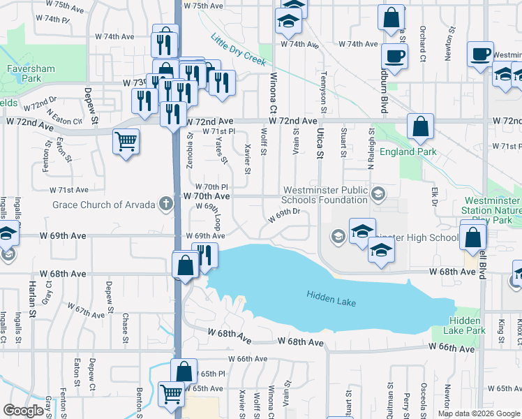map of restaurants, bars, coffee shops, grocery stores, and more near 6992 Wolff Street in Westminster