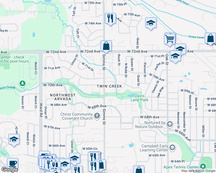 map of restaurants, bars, coffee shops, grocery stores, and more near 11555 West 70th Place in Arvada