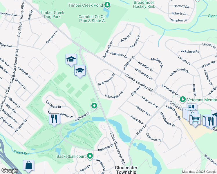 map of restaurants, bars, coffee shops, grocery stores, and more near 10 Troon Road in Clementon