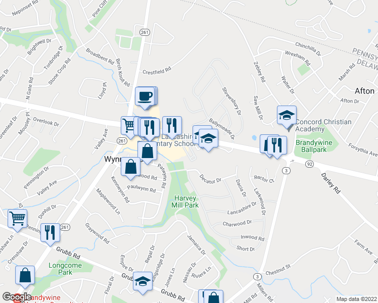map of restaurants, bars, coffee shops, grocery stores, and more near 2000 Naamans Road in Wilmington