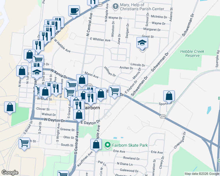 map of restaurants, bars, coffee shops, grocery stores, and more near 219 Victory Drive in Fairborn