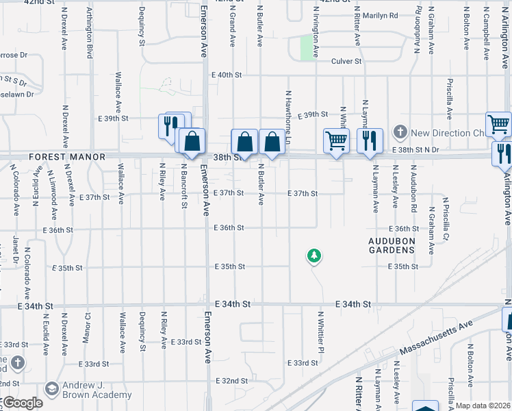 map of restaurants, bars, coffee shops, grocery stores, and more near 3646 North Butler Avenue in Indianapolis