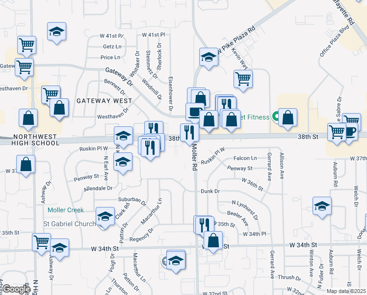 map of restaurants, bars, coffee shops, grocery stores, and more near 5519 38th Street in Indianapolis