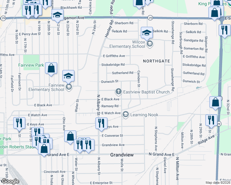 map of restaurants, bars, coffee shops, grocery stores, and more near 2281 East Eleanor Avenue in Springfield