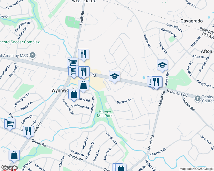 map of restaurants, bars, coffee shops, grocery stores, and more near 2016 Naamans Road in Wilmington