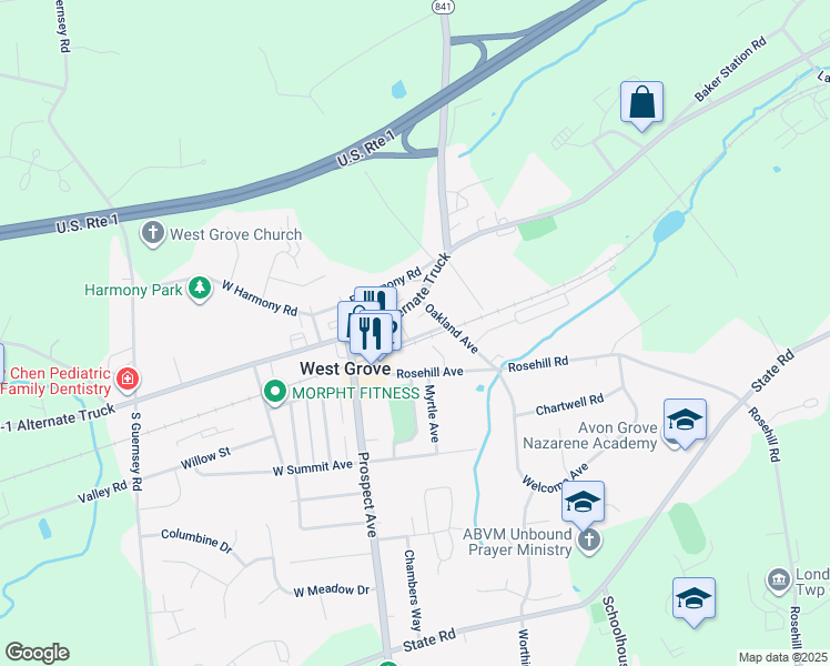 map of restaurants, bars, coffee shops, grocery stores, and more near 151 Railroad Avenue in West Grove