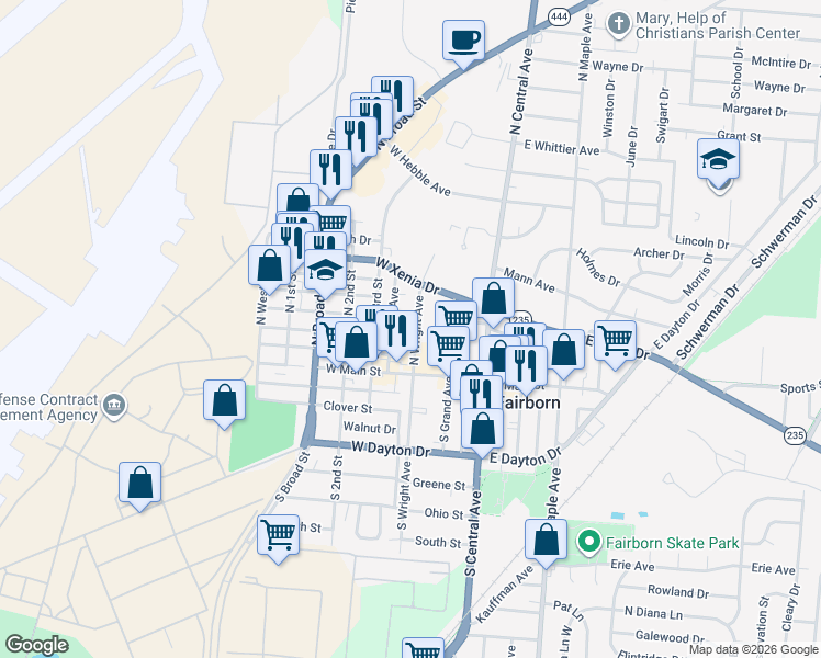 map of restaurants, bars, coffee shops, grocery stores, and more near 47 North Wright Avenue in Fairborn