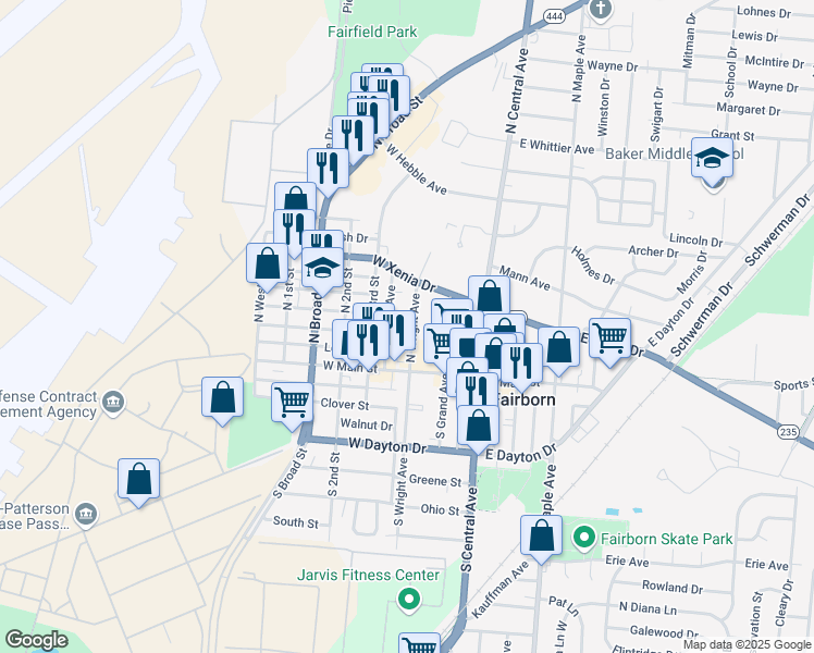 map of restaurants, bars, coffee shops, grocery stores, and more near 47 North Wright Avenue in Fairborn