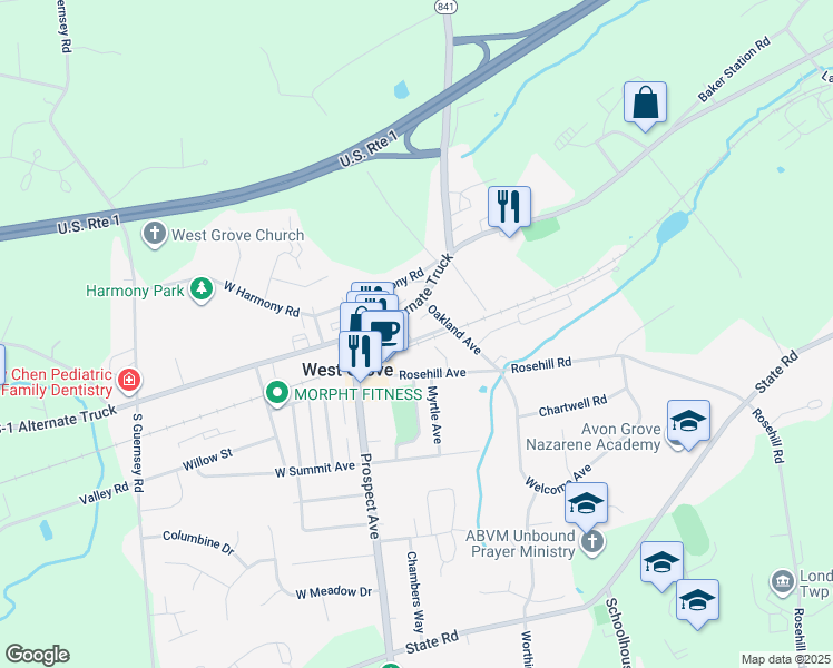 map of restaurants, bars, coffee shops, grocery stores, and more near 151 Railroad Avenue in West Grove