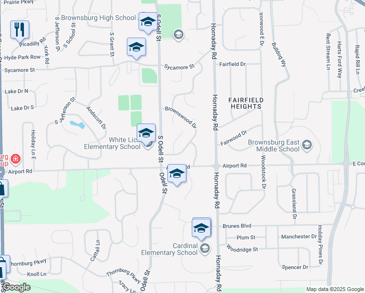 map of restaurants, bars, coffee shops, grocery stores, and more near 1331 Dogwood Court in Brownsburg
