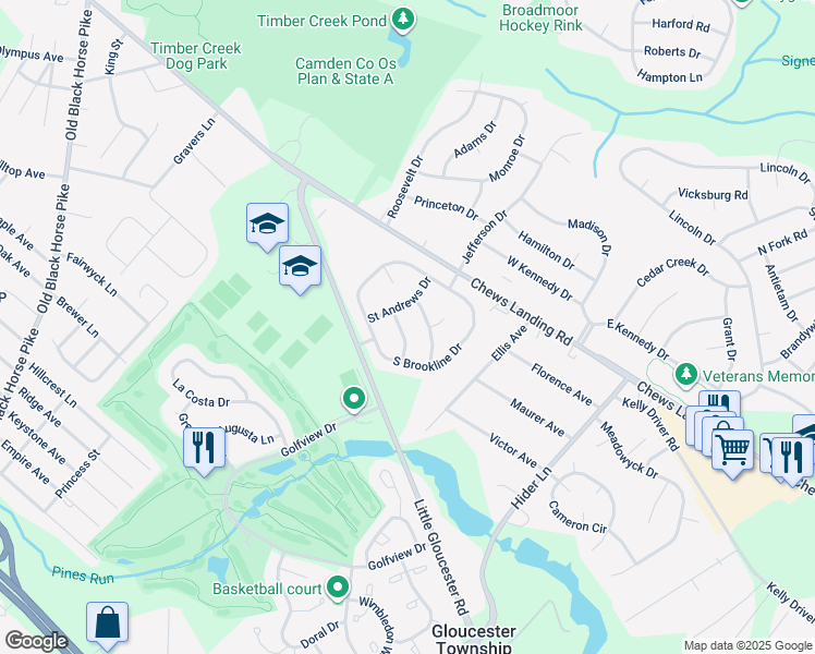map of restaurants, bars, coffee shops, grocery stores, and more near 10 Troon Road in Clementon