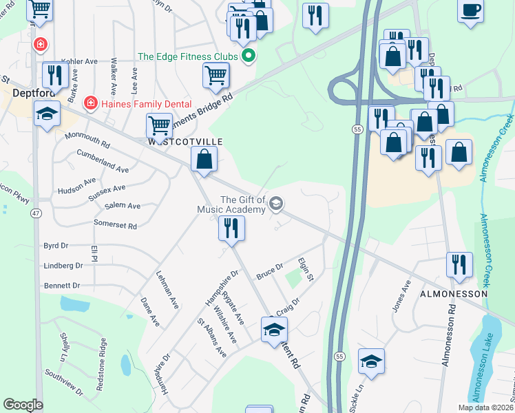 map of restaurants, bars, coffee shops, grocery stores, and more near 1415 Cooper Street in Deptford