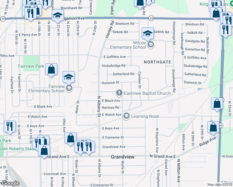 map of restaurants, bars, coffee shops, grocery stores, and more near 2281 East Eleanor Avenue in Springfield