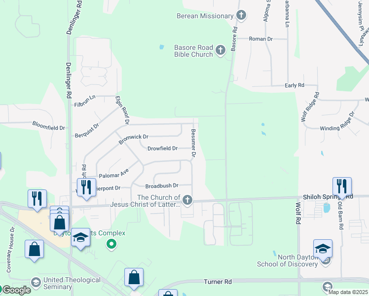map of restaurants, bars, coffee shops, grocery stores, and more near 4269 Drowfield Drive in Dayton