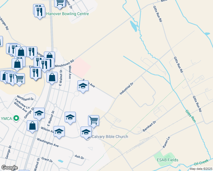 map of restaurants, bars, coffee shops, grocery stores, and more near 450 Fame Avenue in Hanover