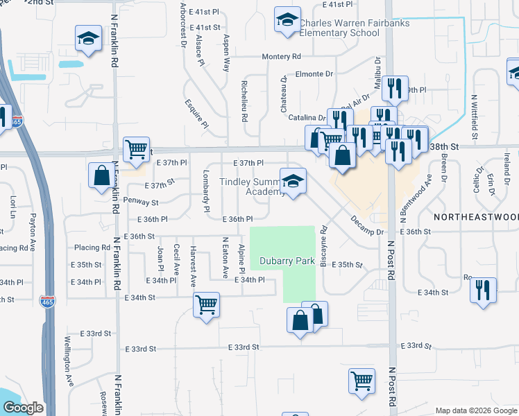 map of restaurants, bars, coffee shops, grocery stores, and more near 3633 Marseille Road in Indianapolis