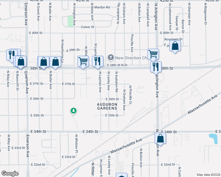 map of restaurants, bars, coffee shops, grocery stores, and more near 3649 North Lesley Avenue in Indianapolis