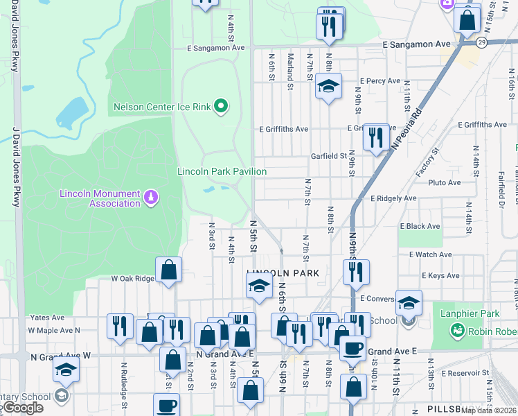 map of restaurants, bars, coffee shops, grocery stores, and more near 1638 North 5th Street in Springfield