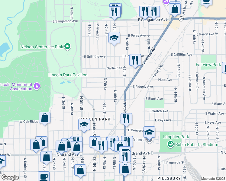map of restaurants, bars, coffee shops, grocery stores, and more near 1630 North 8th Street in Springfield