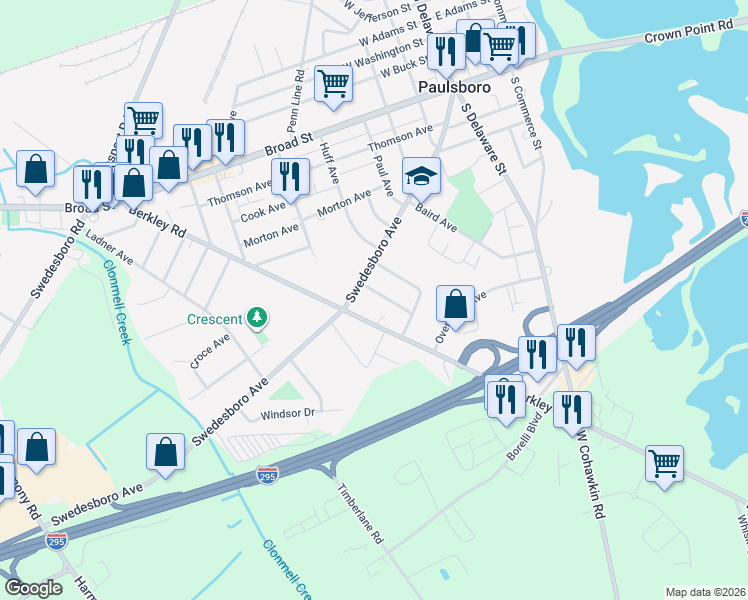 map of restaurants, bars, coffee shops, grocery stores, and more near 1723 Swedesboro Avenue in Paulsboro