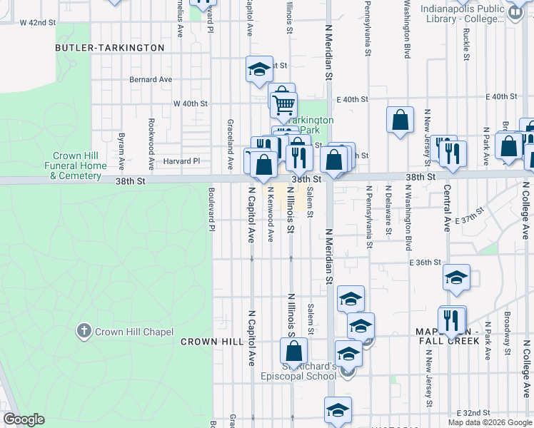 map of restaurants, bars, coffee shops, grocery stores, and more near 3719 North Kenwood Avenue in Indianapolis