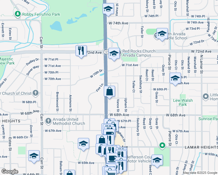 map of restaurants, bars, coffee shops, grocery stores, and more near 6965 Webster Street in Arvada