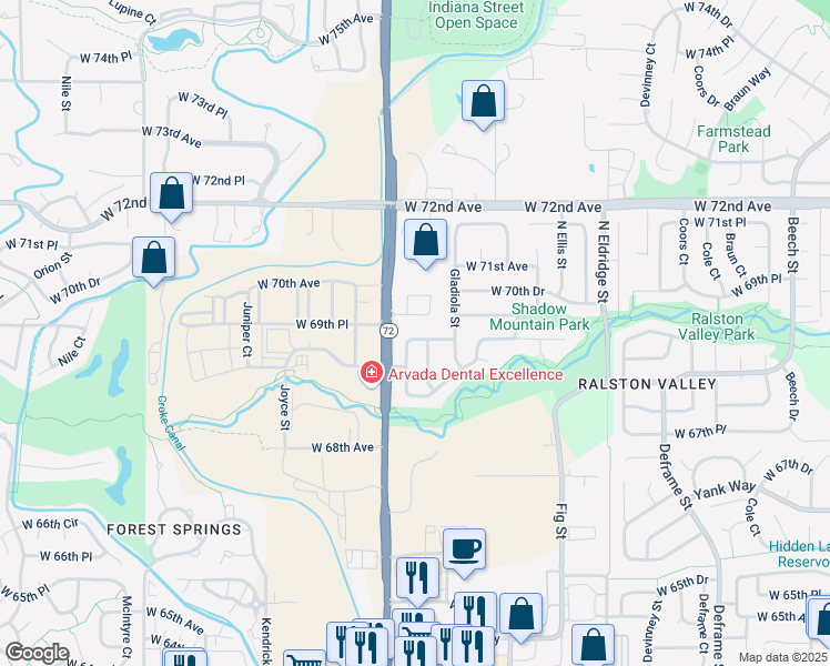 map of restaurants, bars, coffee shops, grocery stores, and more near 6976 Holman Street in Arvada