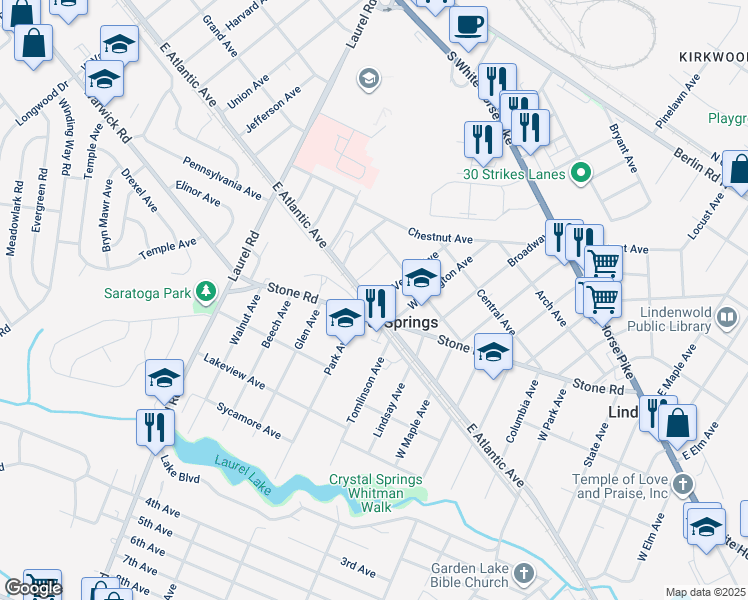 map of restaurants, bars, coffee shops, grocery stores, and more near 806 East Atlantic Avenue in Laurel Springs