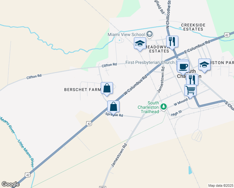 map of restaurants, bars, coffee shops, grocery stores, and more near 400 Sunset Court in South Charleston
