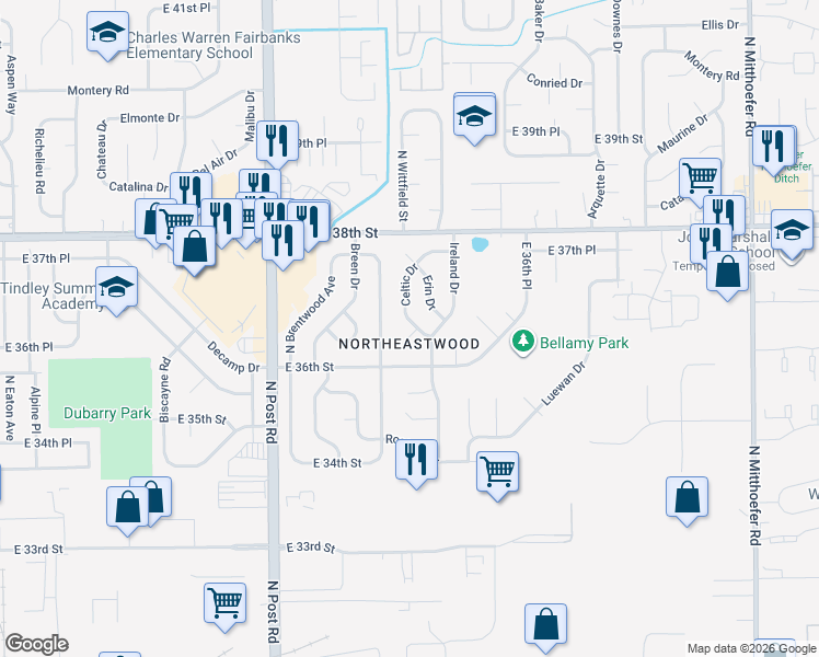map of restaurants, bars, coffee shops, grocery stores, and more near 3645 Celtic Drive in Indianapolis