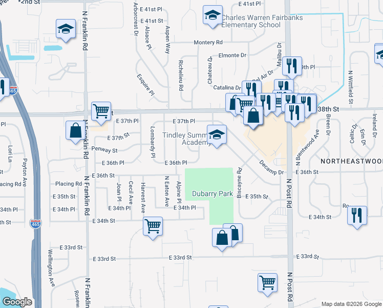 map of restaurants, bars, coffee shops, grocery stores, and more near 3633 Marseille Road in Indianapolis