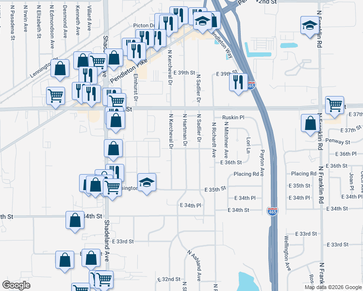 map of restaurants, bars, coffee shops, grocery stores, and more near 3707 North Hartman Drive in Indianapolis