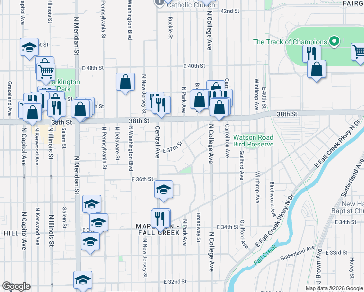 map of restaurants, bars, coffee shops, grocery stores, and more near 558 East 37th Street in Indianapolis