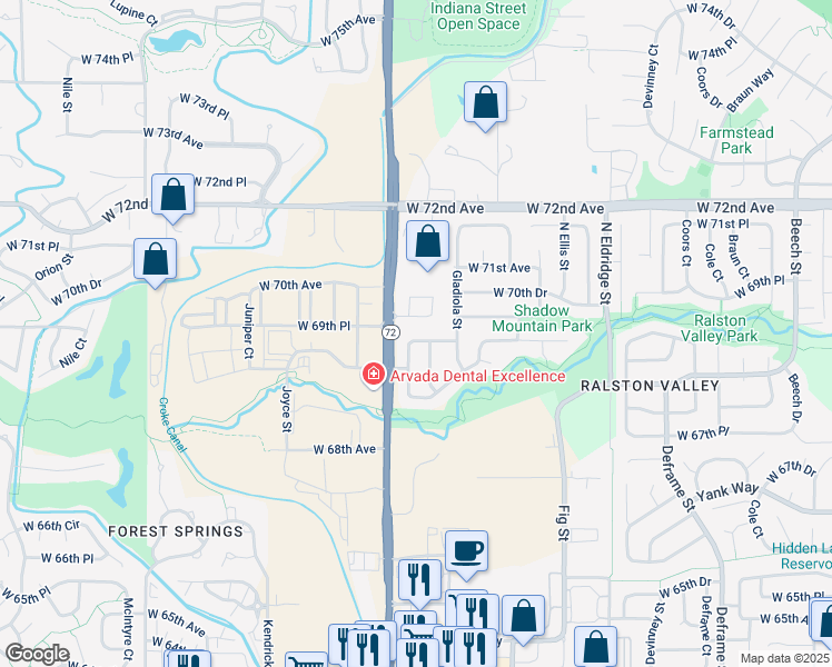 map of restaurants, bars, coffee shops, grocery stores, and more near 6976 Holman Street in Arvada
