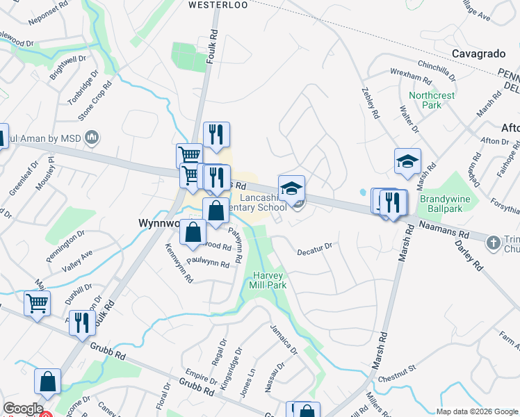 map of restaurants, bars, coffee shops, grocery stores, and more near 2018 Naamans Road in Wilmington
