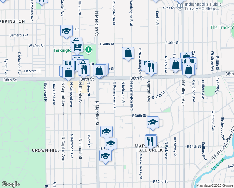 map of restaurants, bars, coffee shops, grocery stores, and more near 3671 North Pennsylvania Street in Indianapolis