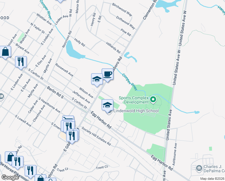 map of restaurants, bars, coffee shops, grocery stores, and more near 911 East Gibbsboro Road in Lindenwold