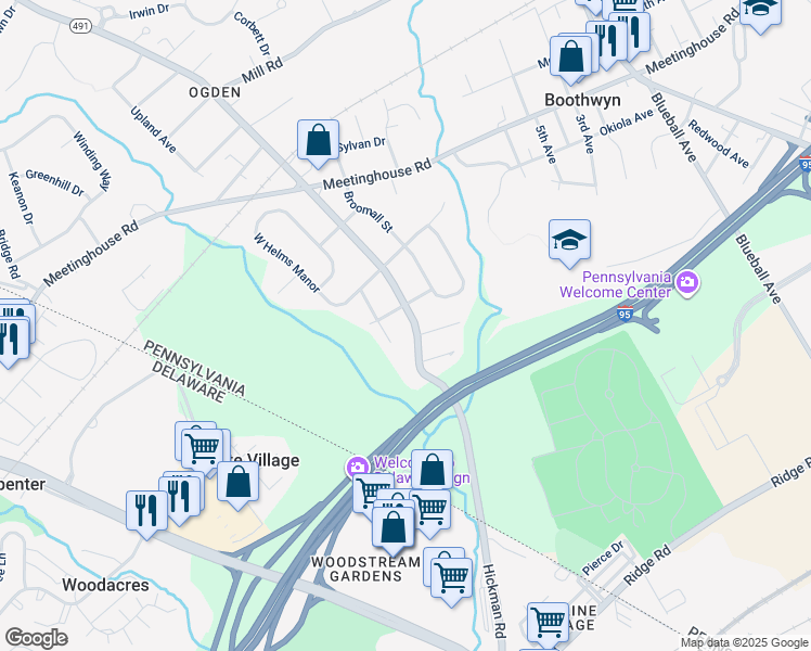 map of restaurants, bars, coffee shops, grocery stores, and more near 1816 Naamans Creek Road in Delaware County