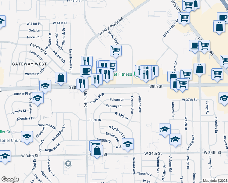 map of restaurants, bars, coffee shops, grocery stores, and more near 5323 West 38th Street in Indianapolis