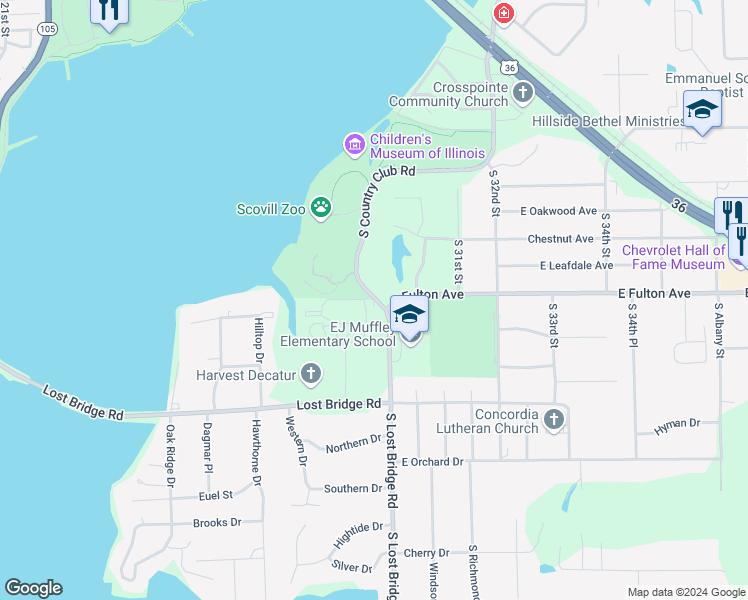 map of restaurants, bars, coffee shops, grocery stores, and more near 1703 South Country Club Road in Decatur