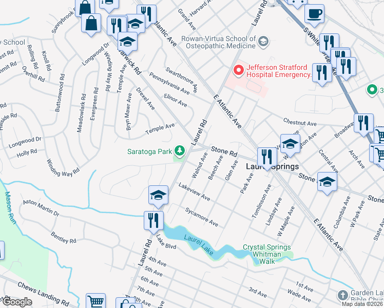 map of restaurants, bars, coffee shops, grocery stores, and more near 401 West Laurel Road in Laurel Springs