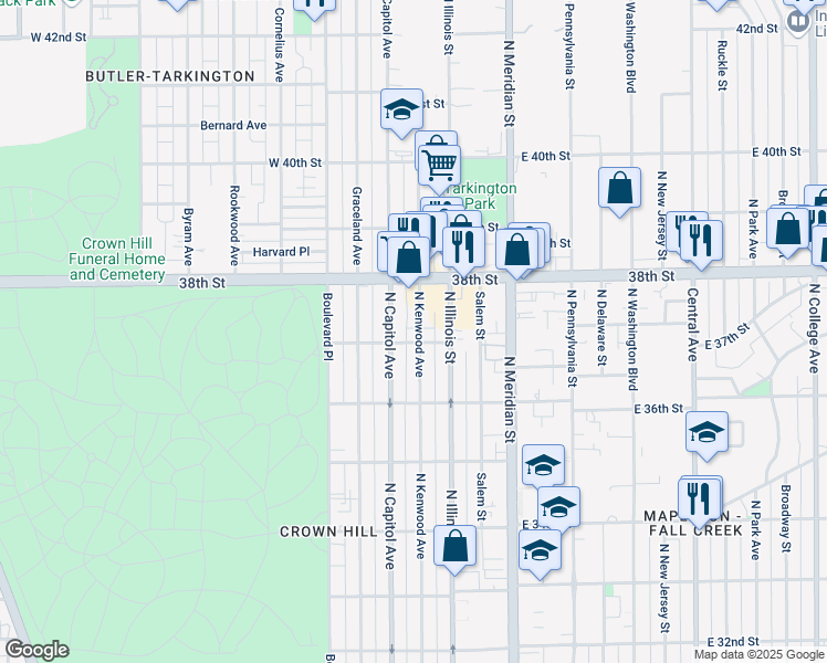 map of restaurants, bars, coffee shops, grocery stores, and more near 3710 North Kenwood Avenue in Indianapolis
